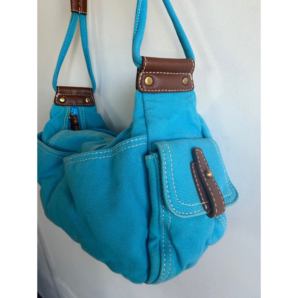 Sonoma Lifestyle Turquoise Blue Canvas Shoulder Bag Brown Trim Y2K  Hobo